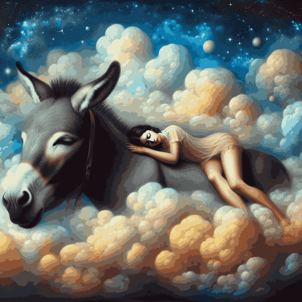 mulher sonhando e nas costas de um burro