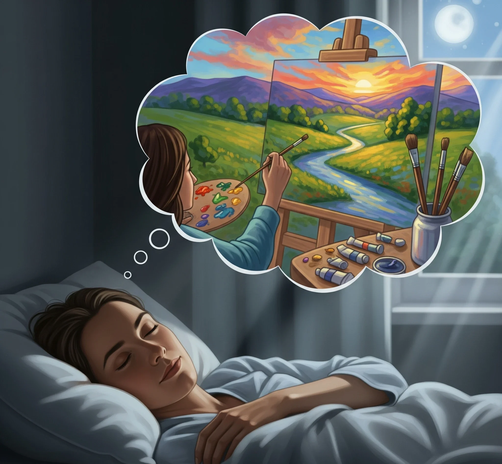 mulher sonhando que esta pintando um quadro