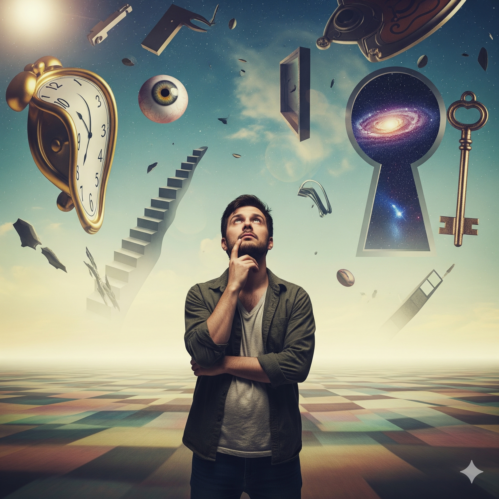 homem sonhando com itens abstratos