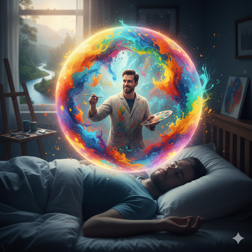 homem sonhado com pintura e criatividade