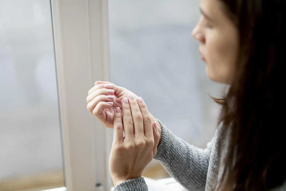 Mulher olhando para as mãos após sonhar com as unhas caindo. Entenda o significado!