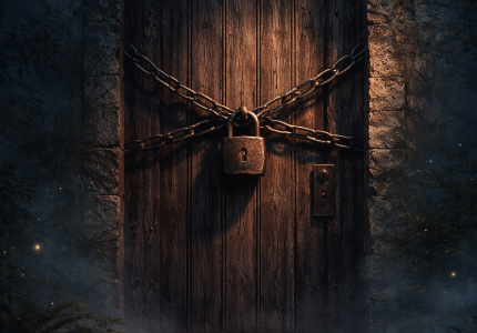 Porta de madeira trancada com correntes e cadeado simbolizando bloqueios emocionais em sonho