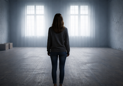 Pessoa sozinha em ambiente vazio e amplo simbolizando sonhar com ambiente vazio e sensação de isolamento emocional