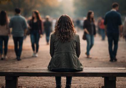 Pessoa sentada sozinha enquanto outras ao redor seguem sem notar, representando sonhar que está sendo esquecido e sensação de invisibilidade emocional