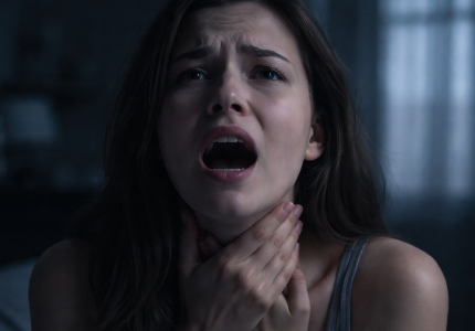 Pessoa tentando falar sem conseguir durante o sonho, com expressão de angústia simbolizando bloqueios emocionais e ansiedade
