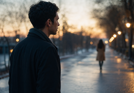 Pessoa observando outra se afastando ao longe em rua vazia ao entardecer simbolizando sonhar com alguém se afastando de você e medo de perda emocional